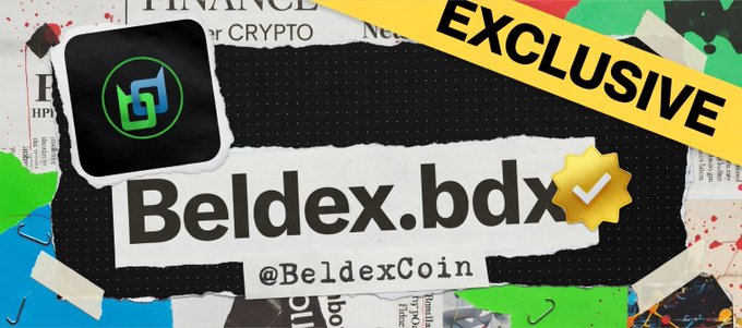 A promotional graphic features a black square logo with a green icon, the text 'Beldex.bdx' with a verified checkmark, the handle '@BeldexCoin', and a yellow banner reading 'EXCLUSIVE' over a collage of newspaper clippings.