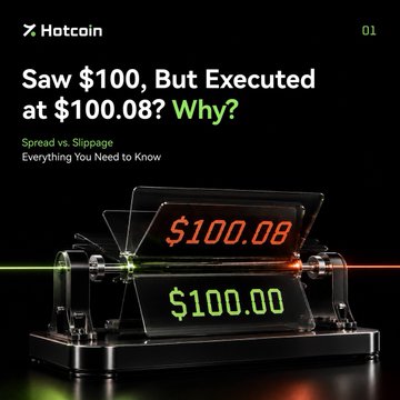 This image is a Hotcoin educational graphic titled "Saw $100, But Executed at $100.08? Why?" highlighting the concepts of "Spread vs. Slippage." It visually illustrates the post's message by showing two digital displays mounted on an industrial mechanism, with the top screen showing "$100.08" in red and the bottom screen showing "$100.00" in green, representing the discrepancy between the expected price and the actual execution price caused by market spread and slippage.