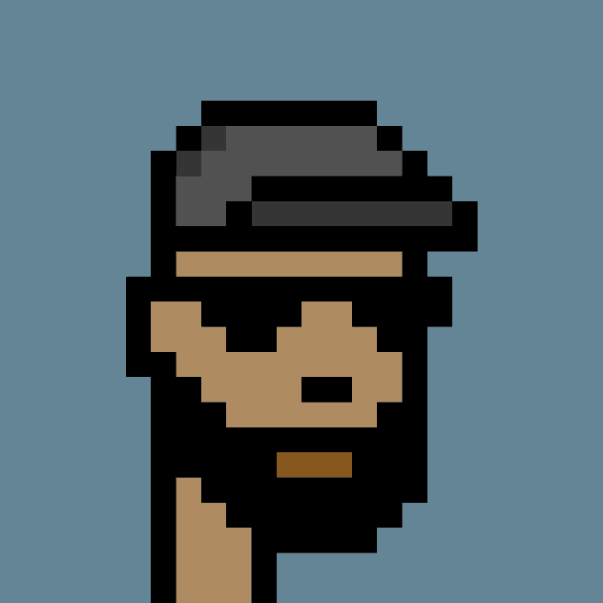 A pixel art portrait of a man's face with dark hair and beard, rendered in tan and black tones against a solid blue background.