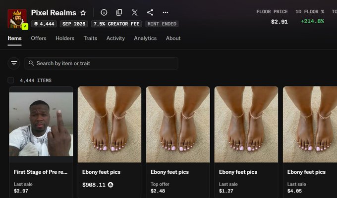 The image shows a NFT marketplace called "Pixel Realms" with a floor price of $2.91, up 214.8% in 1 day, displaying items like "First Stage of Pre re..." and multiple "Ebony feet pics" listings with sales ranging from $1.27 to $908.11. The post's reference to "touching grass" and meme coin chaos appears to connect with the absurd nature of this NFT collection, where meme-driven projects featuring mundane content (like feet pictures) experience massive 214.8% price spikes, echoing the irrational "Goblin" phases seen in previous crypto cycles.