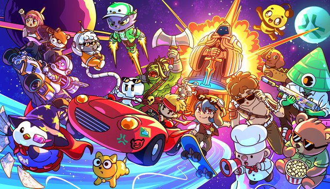 A vibrant, colorful illustration features a large ensemble of cartoonish characters—including a cat in a cape, a chef with popcorn, a figure on a skateboard, a shark-headed pilot, a samurai, and an astronaut—gathered around a glowing throne in a cosmic setting, representing the diverse communities of AbstractChain.
