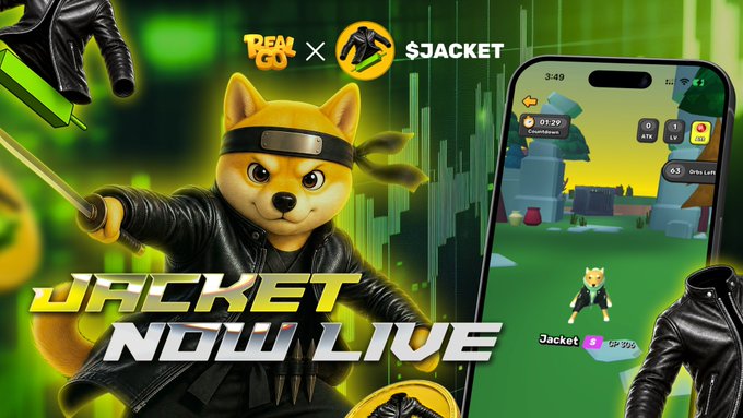 A promotional graphic for the "$JACKET" collaboration between Real Go and Jacket, featuring a cartoon Shiba Inu dog dressed in a black leather jacket with the bold text "JACKET NOW LIVE," alongside a smartphone preview of the gameplay showing a "Jacket" pet NFT for sale, advertising the limited-time Leather Jacket Pets launch.