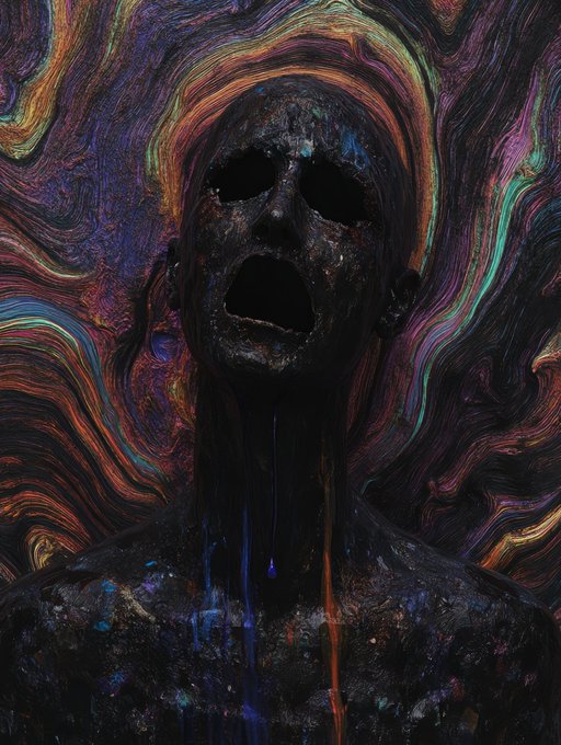 The image features a black figure, presumably of an artist's creation or a sculpture, with its head turned towards the viewer. The figure has a sad expression as if it's about to weep. The background is a chaotic swirl of colors that seem to be part of the artwork itself. In this particular case, there's a post in which the content says: "The Hollow Between Stars @manifoldxyz 1/1 0.5eth(base) #AiArt". It seems like someone is discussing or analyzing the piece and the artist behind it.