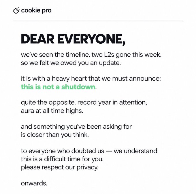 A text announcement from 'cookie pro' addressed to 'DEAR EVERYONE,' stating 'this is not a shutdown' and claiming 'record year in attendance' and 'aura at all time highs,' while teasing that 'something you've been asking for is closer than you'd think.'
