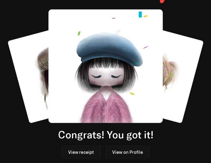 A digital confirmation screen reading 'Congrats! You got it!' displaying three cards featuring Sadako-style dolls with colorful bob haircuts, with buttons to 'View receipt' and 'View on Profile'.