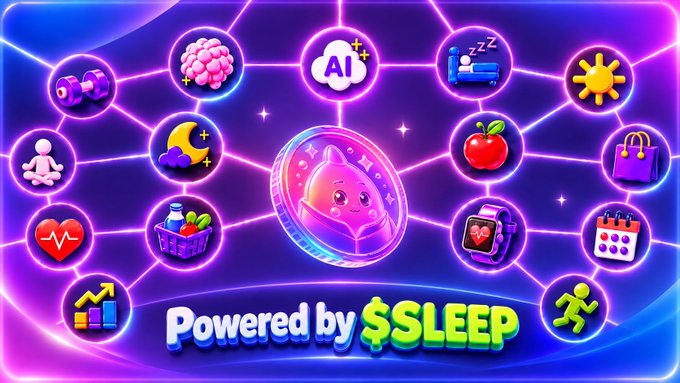 A vibrant promotional graphic titled 'Powered by $SLEEP' features a cartoon pink creature in a coin at the center, surrounded by interconnected icons representing various features like AI, sleep, health, food, shopping, and fitness.
