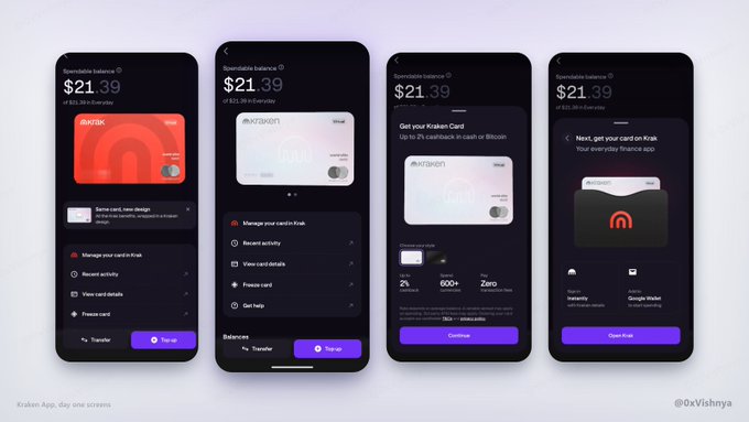 Four-screen UI design of a Kraken cryptocurrency app showing spendable balance of $21.39, virtual card management, card details with cashback in Bitcoin, and a virtual Kraken Card.