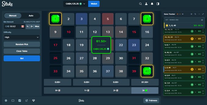The image shows a Stake.com roulette betting interface with a grid of numbers and a highlighted 81.50x multiplier on 0 (green), along with a "Keno Tracker" panel displaying recent numbers including 1, 8, 40 with payouts of 3/3 - $1.5x. The interface displays a CAS balance of 125.25 and shows betting selections marked with green "0" buttons at the corners, relating to the promotional tweet about Stake's exclusive rolling system and Keno tracking gameplay.