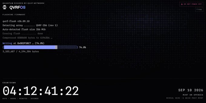 A dark-themed webpage titled 'QUANTUM ECHOES FROM QUIP NETWORK' shows a 'QVBFOS' flashing firmware process at 74.0%, with a countdown timer reading '04:12:41:22' and 'SEP 10 2026 MINT ON OPENSEA'.