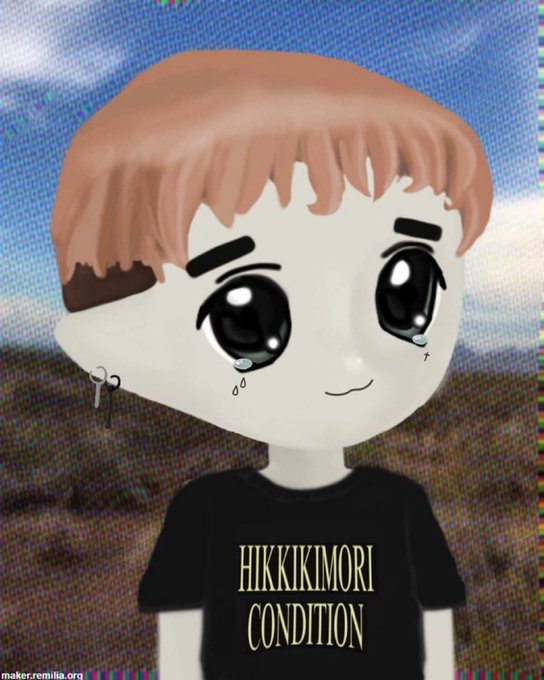 An anime-style avatar created on remilia.org featuring a character with brown hair, large teary eyes, and a black t-shirt reading 'HIKKIKIMORI CONDITION' against a pixelated sky background.