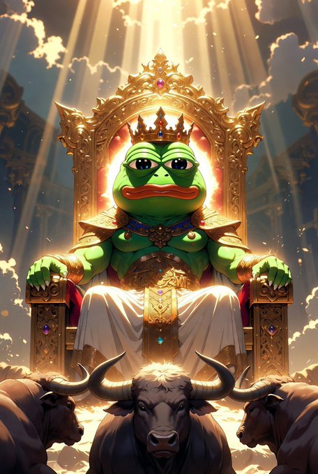 An AI-generated illustration of a muscular Pepe the Frog wearing a crown and regal armor, seated on an ornate golden throne surrounded by a herd of bulls, with divine light rays shining down from the heavens above.