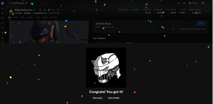 A screen showing the purchase of an NFT 'Alpha Robocerse' on OpenSea for 7.38 SUI, with a 'Congrats! You got it!' popup featuring a skull helmet design.