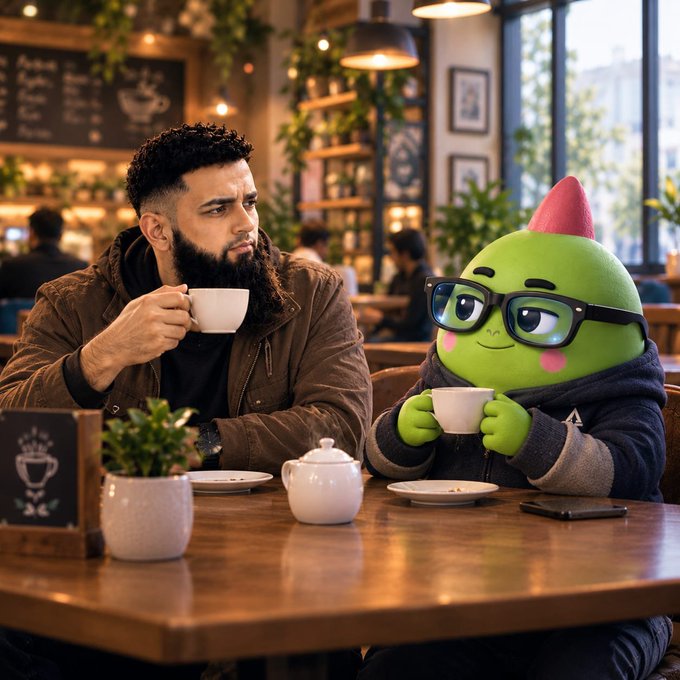 A whimsical scene of a bearded man in a brown jacket having tea with a green, bespectacled creature in a cozy cafe.