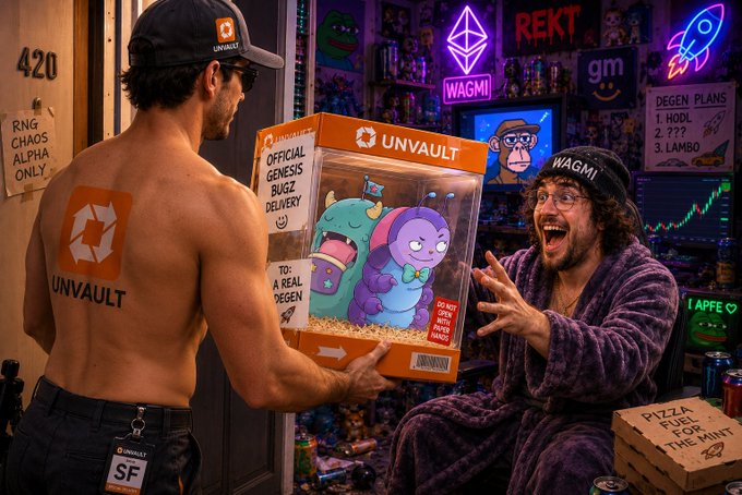 A shirtless delivery man with an "UNVAULT" cap and a "420" door note ("RNG CHAOS ALPHA ONLY") presents an "OFFICIAL GENESIS BUGZ DELIVERY" box containing blue and purple cartoon bug figurines to a robe-wearing man in a "WAGMI" cap, surrounded by crypto signage reading "REKT," "gm," "WAGMI," "DEGEN PLANS," and "I APPE ❤️." The image humorously illustrates the post's joke about UNVAULT personally hand-delivering every Bugz NFT to combat bot allocations.