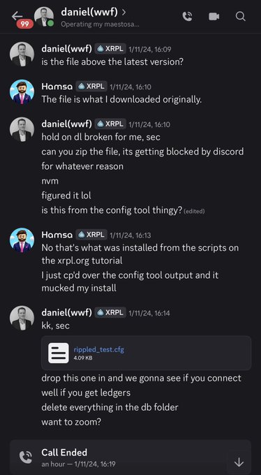 A screenshot of a Discord chat between daniel(wwf) and Hamsa, where they troubleshoot XRPL installation issues over a call that lasted an hour, culminating in daniel sharing a "rippled_test.cfg" file to fix connection problems. The image visually supports the post's claim by showing the XRPL CEO personally providing technical support through a one-on-one chat, helping resolve config-related issues.