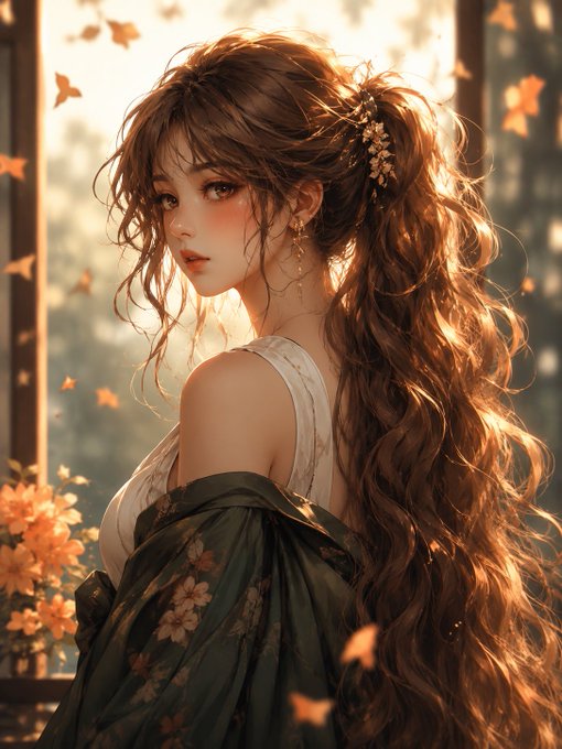 An anime-style illustration of a girl with long wavy brown hair in a ponytail, wearing a white top with a green floral shawl, surrounded by falling autumn leaves in warm golden light.