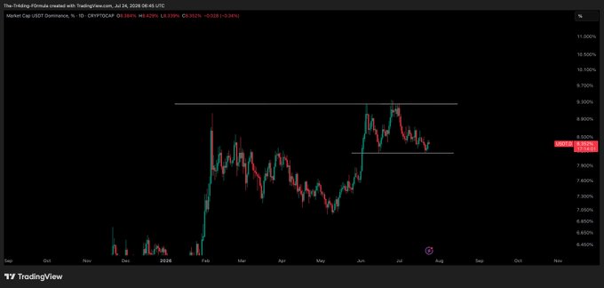 A TradingView daily chart shows USDT Dominance (CRYPTOCAP:USDT.D) trading at 8.286%, down 0.338%, with recent price action consolidating below a key resistance zone around 9.4%—a setup that supports the poster's hope for a further dump in stablecoin dominance to benefit crypto markets.