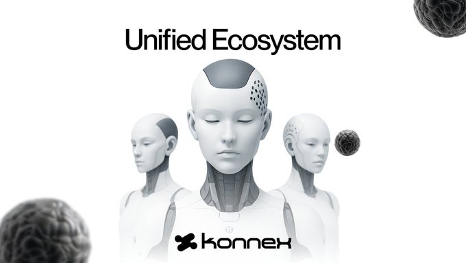 The image features a group of three robots standing next to each other with their heads tilted downwards, as if they are looking at something below them. The background of the image is white, which contrasts with the black text that reads "Unified Ecosystem". There are also two small circles in the image - one on the left side and another on the right side.