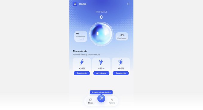 A mobile app interface displays a Home screen with 'Total BCALE 0', showing '0.1 $scale/hour' and '+0% Hourly rate' alongside 'AI accelerate' options for +20%, +40%, and +60% with an 'Activate mining session' button.