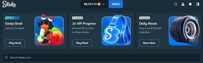 A screenshot of the Stake.com website showing a balance of '$6,372.14' and promotions including 'Ganja Snail', '2x VIP Progress', and 'Daily Races'.