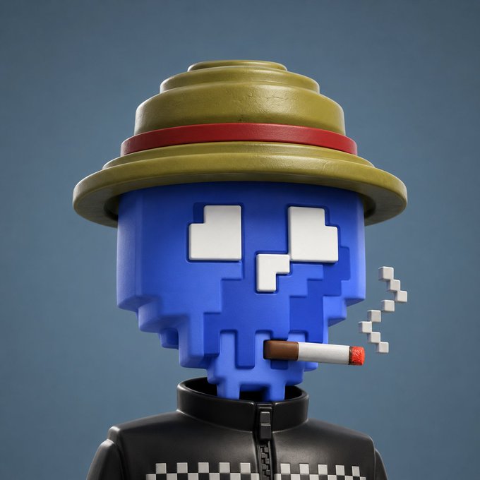 A 3D rendered character with a pixelated blue dripping head, pixelated sunglasses, and a yellow hat, smoking a cigarette with pixel smoke effects.
