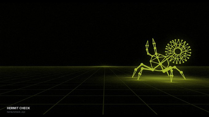 A minimalist dark image showing a yellow geometric spider-like creature on a glowing grid floor, with 'HERMIT CHECK' text in the bottom left corner.