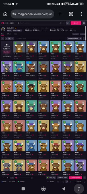 A mobile screenshot of the magic Eden NFT marketplace displaying a grid of bull-themed pixel art NFTs with various hats and accessories, listed with floor prices.