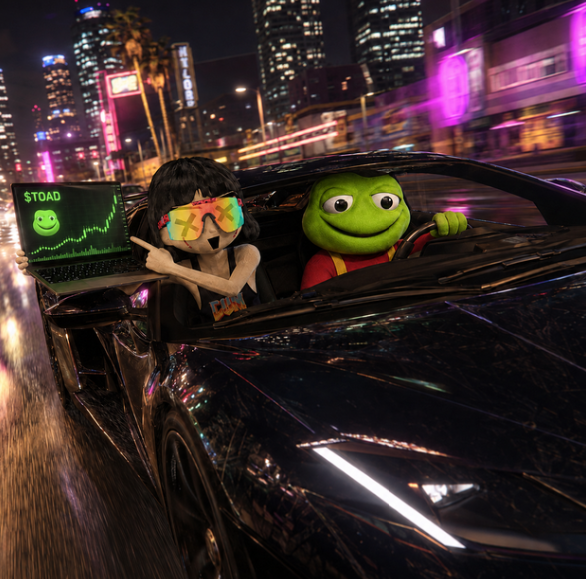 A 3D-rendered scene of a person with rainbow-colored lenses and a green frog-like character driving a sleek black sports car through a neon-lit city at night, with a laptop displaying a graph labeled 'STOAD' visible.