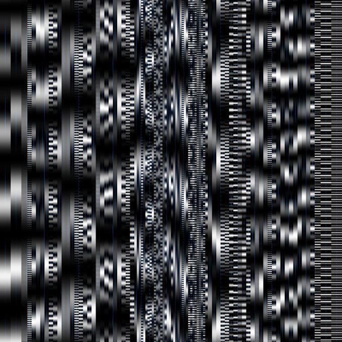 An abstract digital artwork with vertical black, white, and gray striped patterns creating a glitch-like or static noise effect.