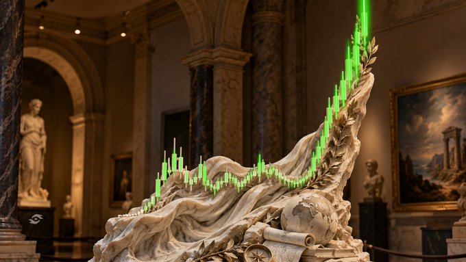 A marble statue in a museum setting featuring a glowing green candlestick chart pattern rising from its draped form, with classical sculptures and a framed landscape painting visible in the background.
