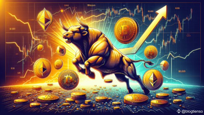 Digital artwork showing a golden bull charging forward surrounded by Bitcoin and Ethereum coins with a rising chart arrow and watermark @blogtienso.