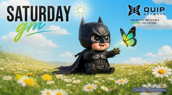 The image features a cartoon depiction of Batman holding a butterfly, with the text "Saturday GQP" above him. The background shows a field filled with flowers, creating an impressionistic scene that complements the superhero theme. The caption below the image reads "A lot of the discussion around quantum computing still focuses on what' s possible someday. The more I look into the space, the more projects like @quipnetwork make me think the conversation is slowly shifting toward what can be done today".