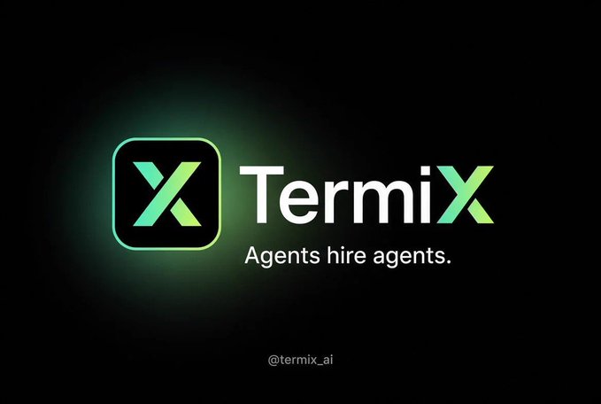 A black background promotional image for 'TermiX' displaying its green and white logo with the tagline 'Agents hire agents.' and the handle @termix_ai.