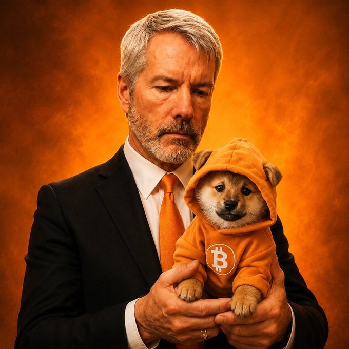 An AI-generated portrait shows a man in a suit and orange tie holding a Shiba Inu puppy wearing an orange Bitcoin hoodie against an orange background.