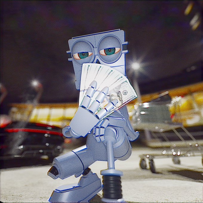 A silver robot character with green eyes holding a fan of paper currency in a parking lot at night, with cars and lights visible in the background.