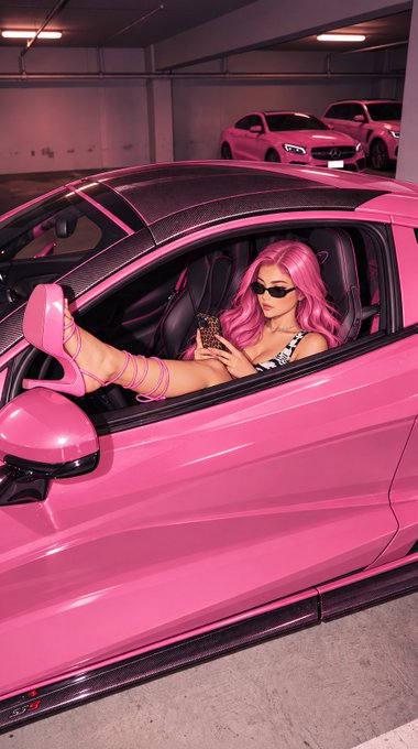 A woman with bright pink hair, sunglasses, and strappy pink heels sits in a matching pink sports car, checking her phone. Her bold monochromatic pink aesthetic perfectly complements the "huge wins" energy of the post, capturing that main-character, glamorous vibe.
