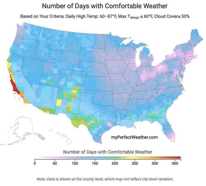 A US county-level heatmap titled 'Number of Days with Comfortable Weather' with criteria of daily highs 60-87°F, max dewpoint ≤60°F, and cloud cover ≤50%, from myPerfectWeather.com.