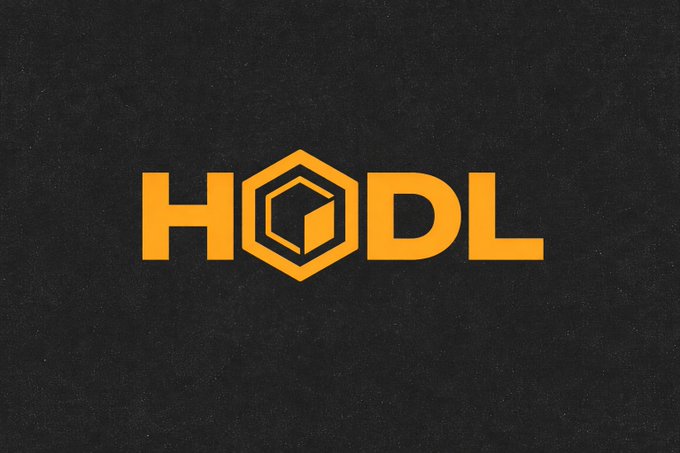 The word 'HODL' is displayed in bold orange letters, with the 'O' replaced by a hexagonal cube logo on a dark background.