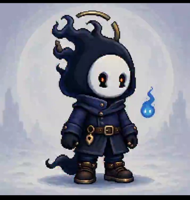 A chibi-style character with dark flame-like hair, a pale mask-like face, and a dark hooded coat stands against a moonlit background, accompanied by a small blue flame spirit.