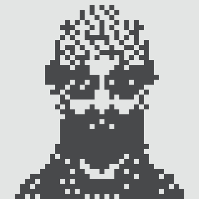 A pixel art portrait in dark blue/navy tones depicting a figure with a beard, rendered in a retro digital style.