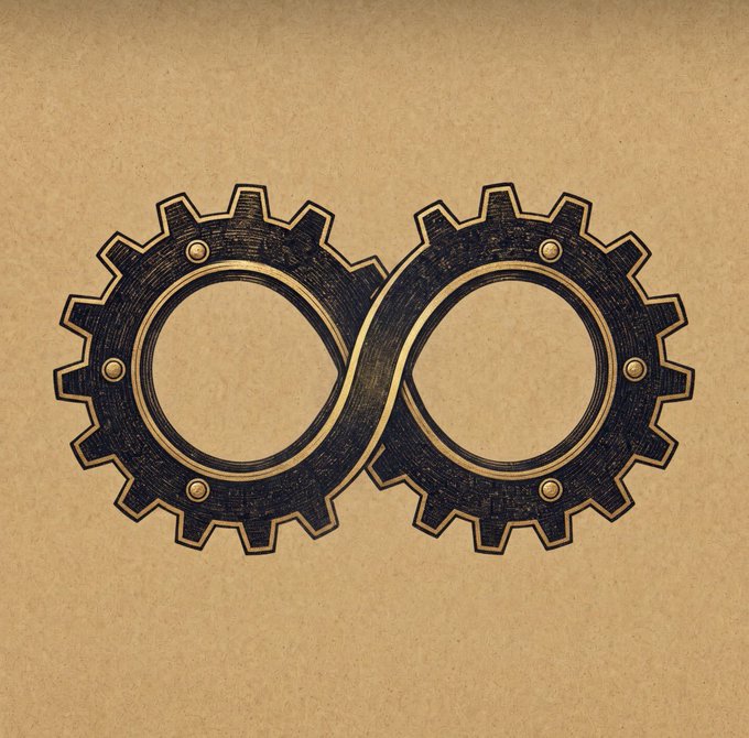 Two interlocking vintage-style gears forming an infinity symbol, rendered in dark metallic tones on a textured tan parchment background.