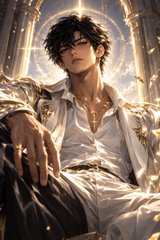 An anime-style illustration features a handsome young man with tousled dark hair and an open white shirt, adorned with golden jewelry and radiating a divine, ethereal glow, embodying a "touch grass" fantasy of an idealized, otherworldly figure for weekend enjoyment.