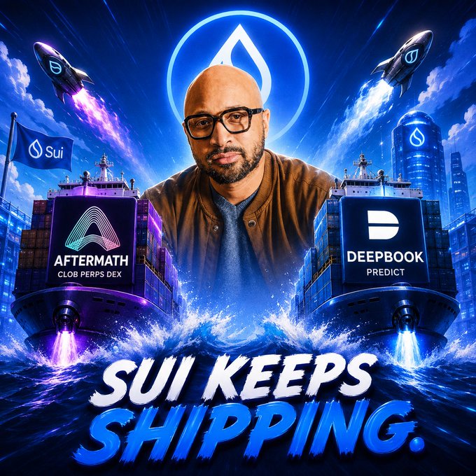 A promotional graphic featuring a man with glasses centered between two ships labeled 'AFTERMATH CLUB PERPS DEX' and 'DEEPBOOK PREDICT', with rockets and the Sui logo in the background, captioned 'SUI KEEPS SHIPPING.'