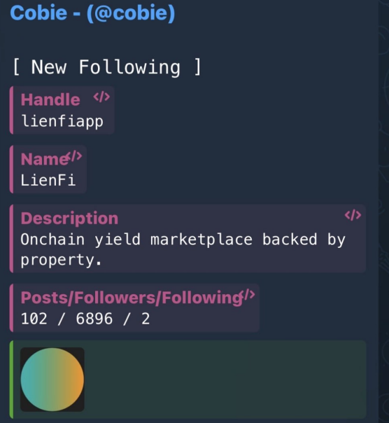 The image shows a social media post by Cobie (@cobie) announcing a "[New Following]" for LienFi (handle: @lienfiapp), described as an "Onchain yield marketplace backed by property," with 102 posts, 6,896 followers, and 2 following. The post highlights Cobie following the $LFI project, supporting the claim that it could be a major utility play with potential for a Coinbase listing.