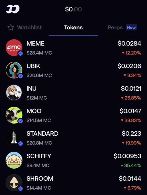 A screenshot of a cryptocurrency portfolio app displaying a 'Tokens' tab with a balance of $0.00, listing various meme coins including MEME, UBIK, INU, MOO, STANDARD, SCHIFFY, and SHROOM along with their prices, market caps, and daily percentage changes.