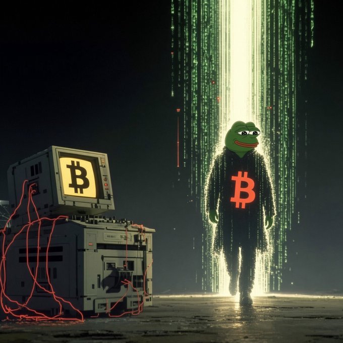 A digital artwork shows the Pepe the Frog meme character wearing a hoodie with a Bitcoin symbol, emerging from green digital code rain, while an old computer displaying the Bitcoin logo sits to the left.