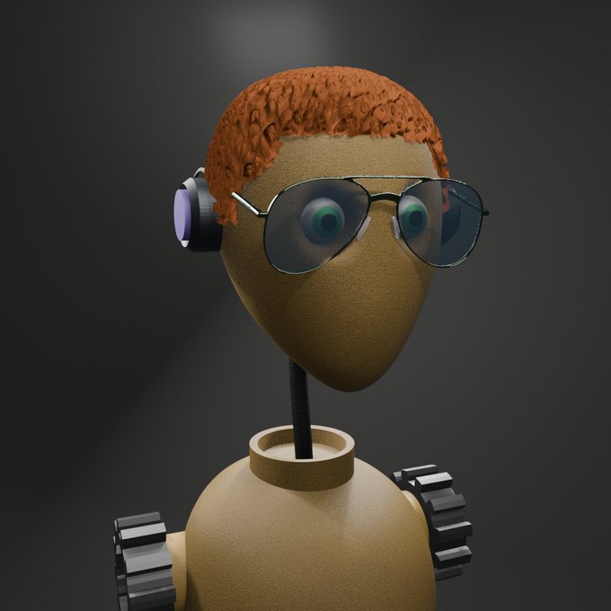 A 3D rendering of a wooden mannequin figure with orange textured hair, wearing aviator sunglasses and a headphone-like accessory.