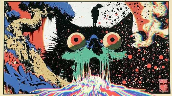 A psychedelic illustration of a black cat with large bulging red eyes, dripping teal-green saliva into a colorful river, with a small figure standing on its head, set against a cosmic background of stars and splattered colors.