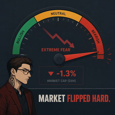 A graphic showing a market sentiment gauge pointing to 'BEARISH / EXTREME FEAR' with a downward arrow and '-1.3% MARKET CAP (24H)' above the text 'MARKET FLIPPED HARD.'