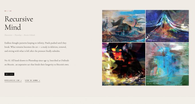 A webpage layout for an art piece titled 'Recursive Mind' by Bromans Ordinals, featuring descriptive text on the left about hand-drawn art in Photoshop since age 13, and four colorful, abstract digital paintings arranged in a grid on the right.